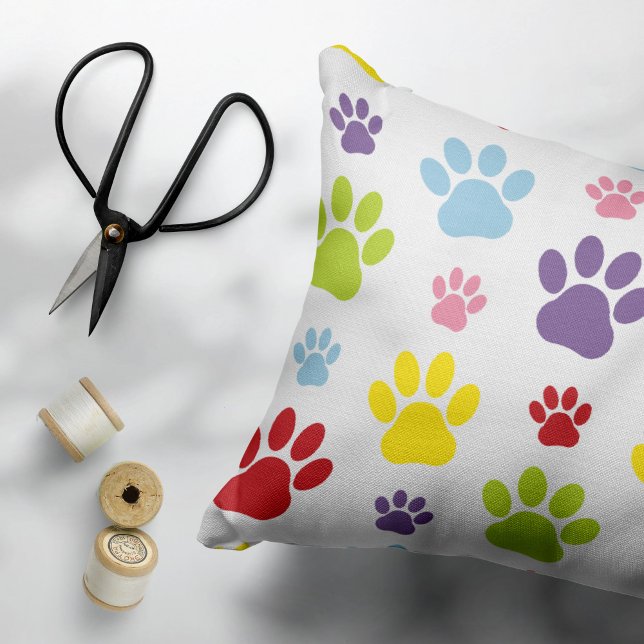 Colourful Paws, Paw Pattern, Dog Paws, Paw Prints Decorative Cushion (Creator Uploaded)