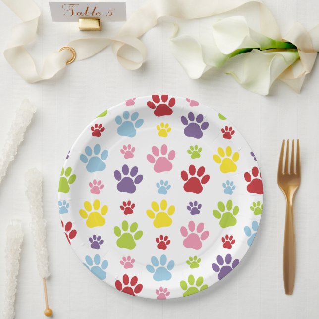 Colourful Paws, Paw Pattern, Dog Paws, Paw Prints Paper Plate (Wedding)