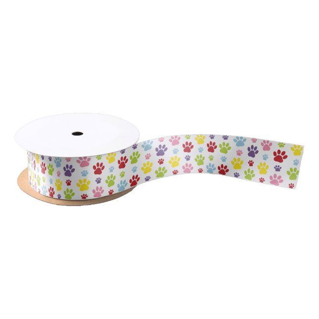Colourful Paws, Paw Pattern, Dog Paws, Paw Prints Satin Ribbon (Spool)