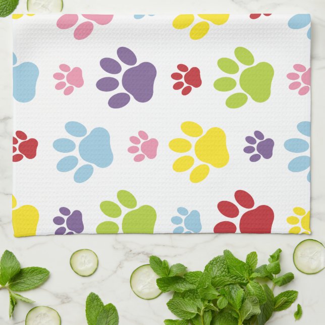 Colourful Paws, Paw Pattern, Dog Paws, Paw Prints Tea Towel (Folded)