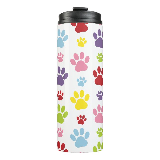 Colourful Paws, Paw Pattern, Dog Paws, Paw Prints Thermal Tumbler (Front)