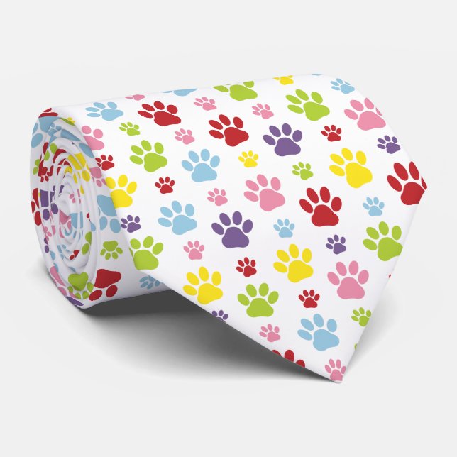 Colourful Paws, Paw Pattern, Dog Paws, Paw Prints Tie (Rolled)