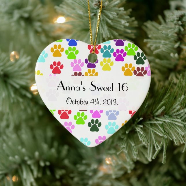 Colourful Paws, Paw Pattern, Dog Paws, Sweet 16 Ceramic Ornament (Tree)