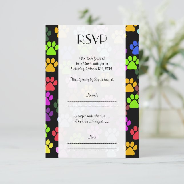 Colourful Paws, Paw Pattern, Dog Paws, Wedding RSVP Card (Standing Front)