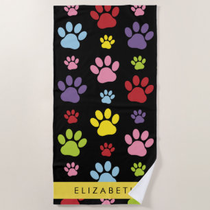 Colourful Paws, Paw Pattern, Dog Paws, Your Name Beach Towel