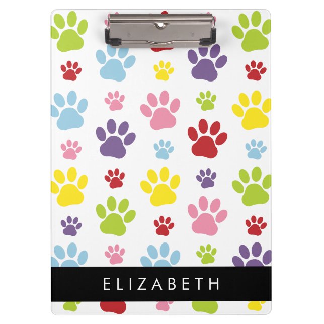 Colourful Paws, Paw Pattern, Dog Paws, Your Name Clipboard (Front)