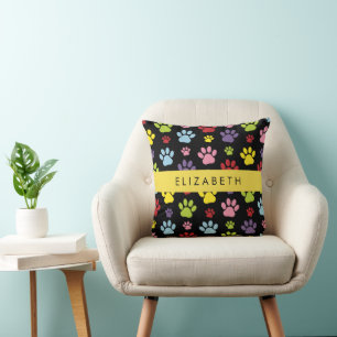 Colourful Paws, Paw Pattern, Dog Paws, Your Name Cushion