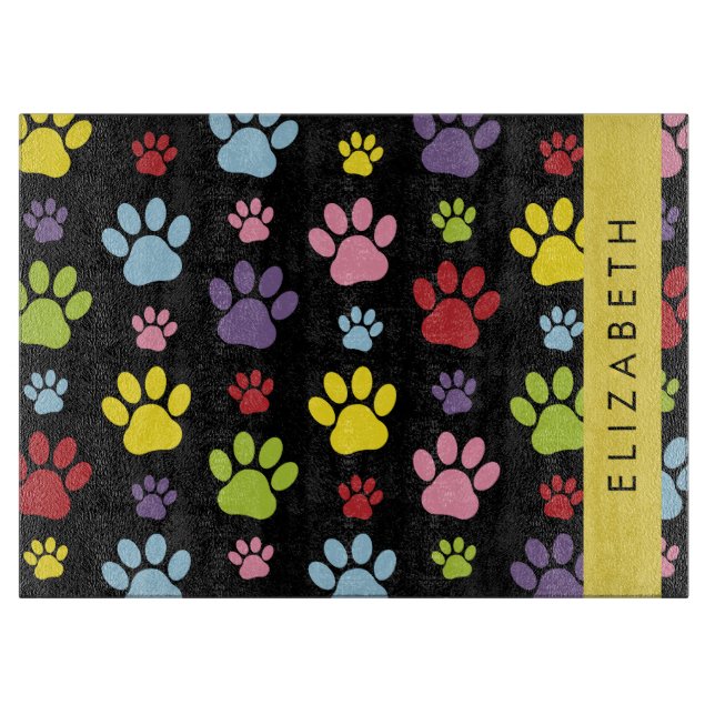 Colourful Paws, Paw Pattern, Dog Paws, Your Name Cutting Board (Front)