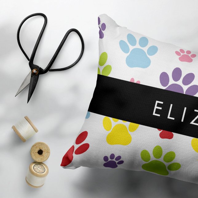 Colourful Paws, Paw Pattern, Dog Paws, Your Name Decorative Cushion (Creator Uploaded)
