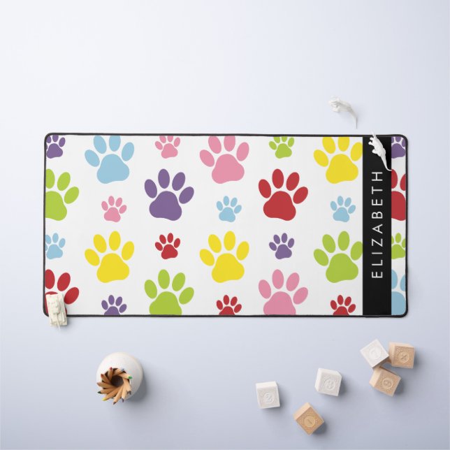 Colourful Paws, Paw Pattern, Dog Paws, Your Name Desk Mat (Kids Table)
