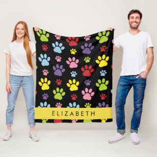 Colourful Paws, Paw Pattern, Dog Paws, Your Name Fleece Blanket