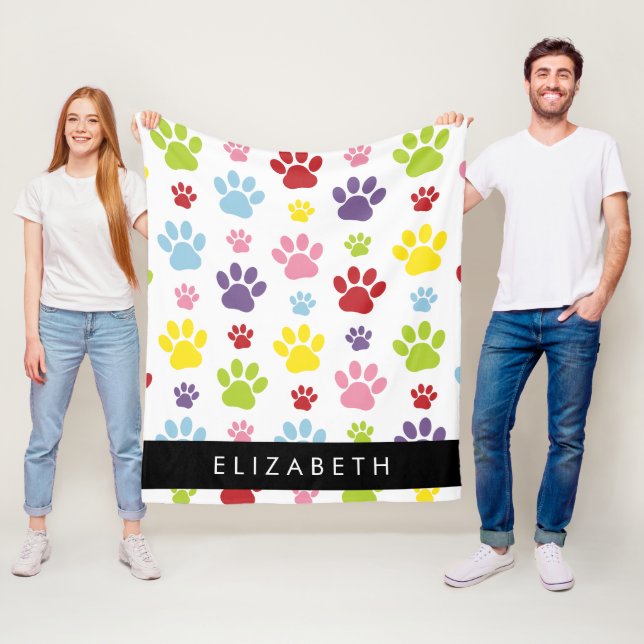 Colourful Paws, Paw Pattern, Dog Paws, Your Name Fleece Blanket (In Situ)