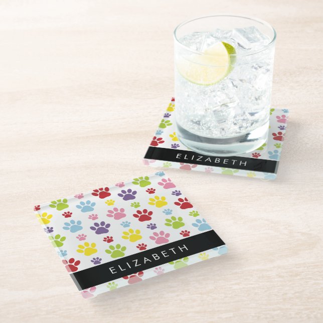 Colourful Paws, Paw Pattern, Dog Paws, Your Name Glass Coaster (Angled)