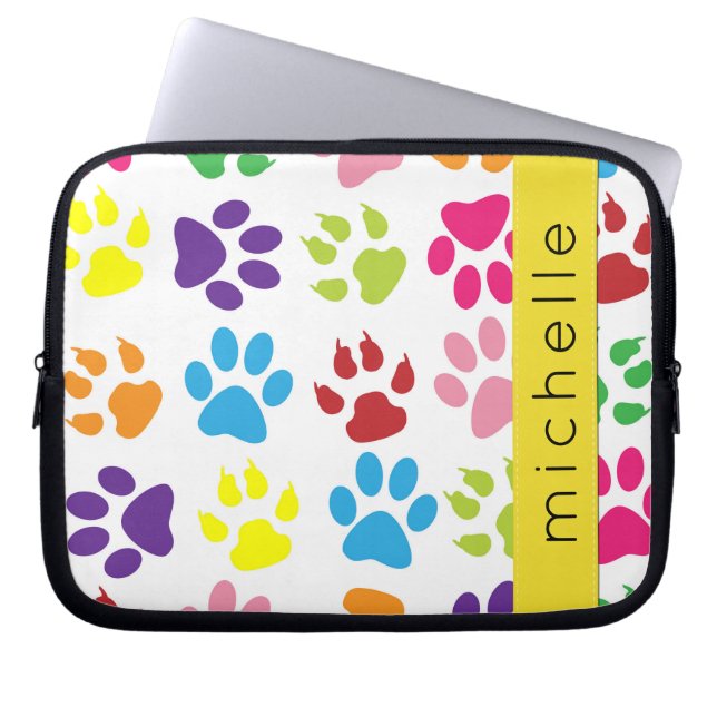 Colourful Paws, Paw Pattern, Dog Paws, Your Name Laptop Sleeve (Front)