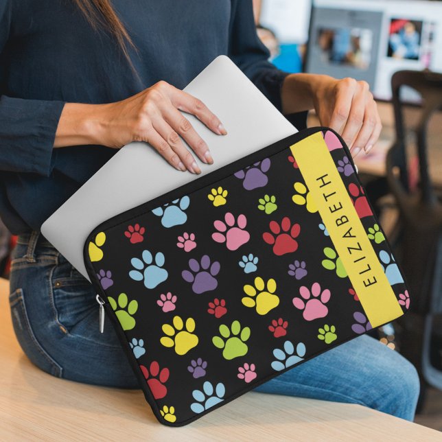 Colourful Paws, Paw Pattern, Dog Paws, Your Name Laptop Sleeve (Creator Uploaded)