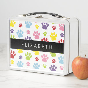 Colourful Paws, Paw Pattern, Dog Paws, Your Name Metal Lunch Box
