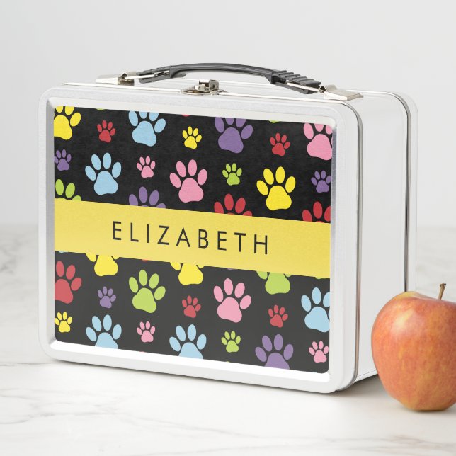 Colourful Paws, Paw Pattern, Dog Paws, Your Name Metal Lunch Box (In Situ)