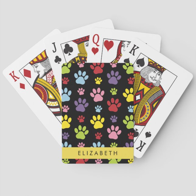 Colourful Paws, Paw Pattern, Dog Paws, Your Name Playing Cards (Back)