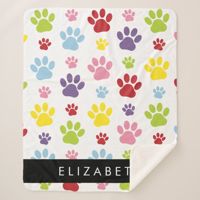 Colourful Paws, Paw Pattern, Dog Paws, Your Name Sherpa Blanket (Front)