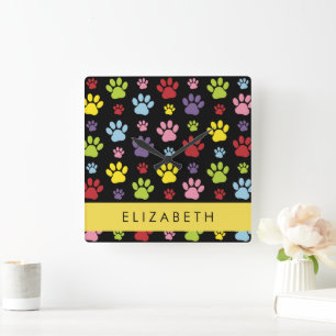 Colourful Paws, Paw Pattern, Dog Paws, Your Name Square Wall Clock