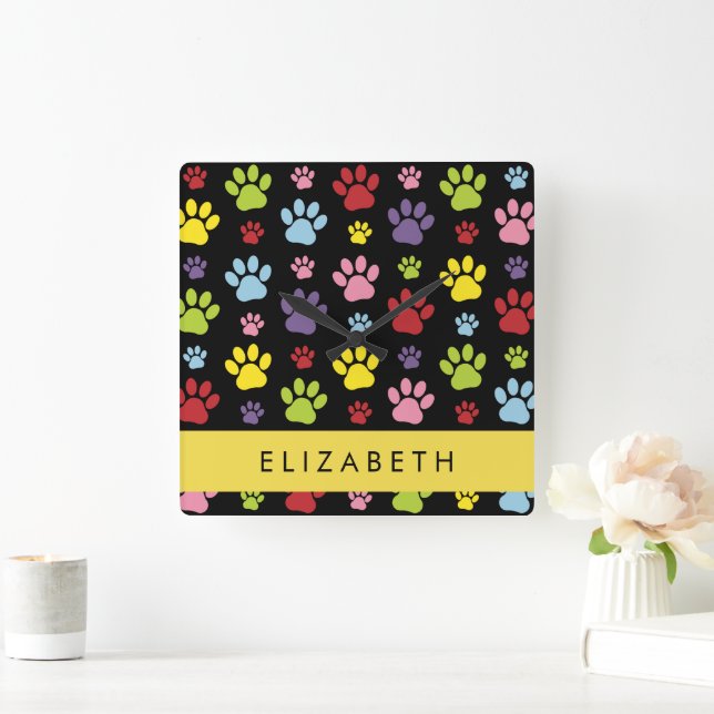 Colourful Paws, Paw Pattern, Dog Paws, Your Name Square Wall Clock (Home)