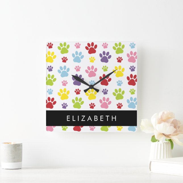 Colourful Paws, Paw Pattern, Dog Paws, Your Name Square Wall Clock (Home)