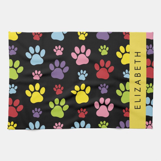 Colourful Paws, Paw Pattern, Dog Paws, Your Name Tea Towel (Horizontal)