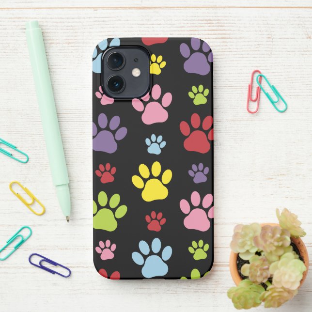 Colourful Paws, Paw Pattern, Paw Prints, Dog Paws iPhone Case (On Desk)
