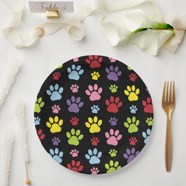 Colourful Paws, Paw Pattern, Paw Prints, Dog Paws Paper Plate (Wedding)