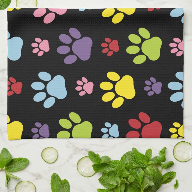 Colourful Paws, Paw Pattern, Paw Prints, Dog Paws Tea Towel (Folded)