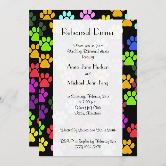 Colourful Paws, Paw Pattern, Rehearsal Dinner Invitation (Front/Back)