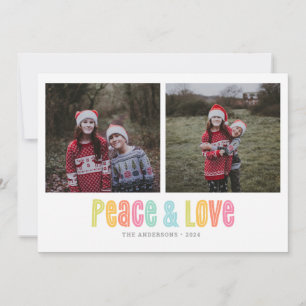 Colourful Peace and Love Two Photo Christmas Holiday Card