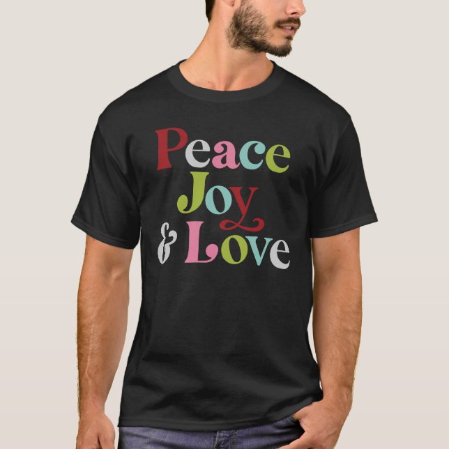 Colourful Peace Joy & Love Retro Christmas Holiday T-Shirt (Front)