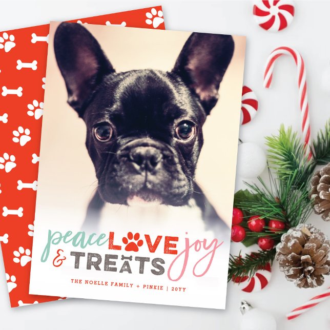 Colourful Peace Love Joy Treats Dog Lover Photo Pe Holiday Card (Creator Uploaded)