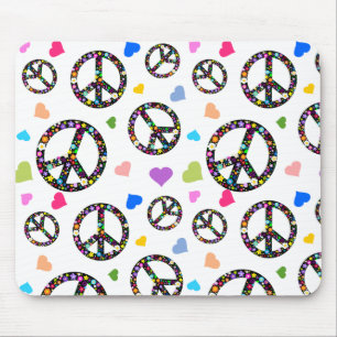 Colourful Peace symbol, flowers and Hearts Mouse Pad