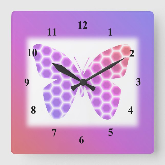 Colourful Peach Pink Purple Geometric Butterfly Square Wall Clock (Front)