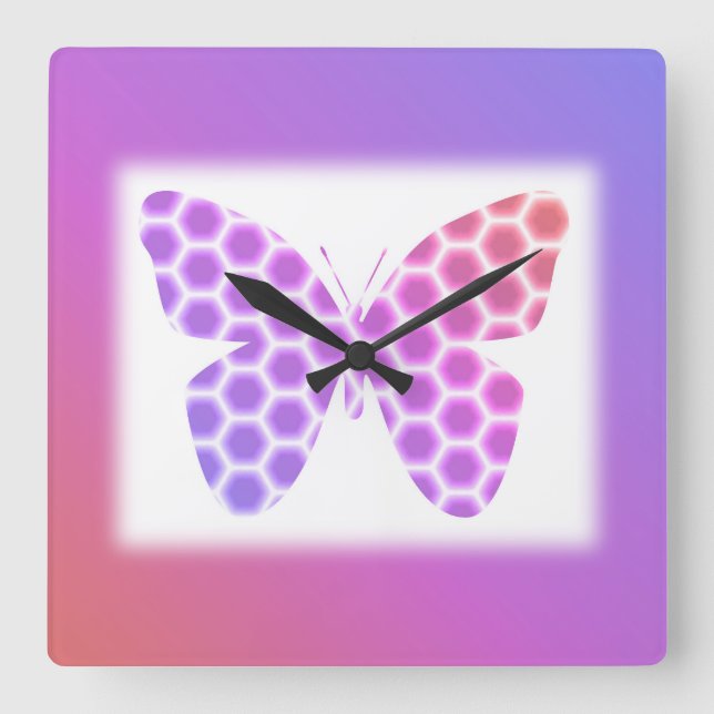Colourful Peach Pink Purple Geometric Butterfly Square Wall Clock (Front)