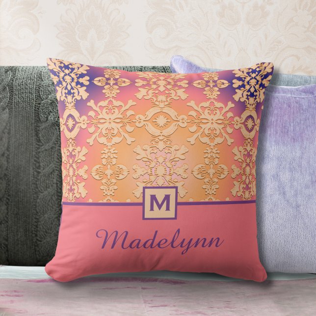 Colourful Peach Purple Damask Monogram  Cushion (Creator Uploaded)