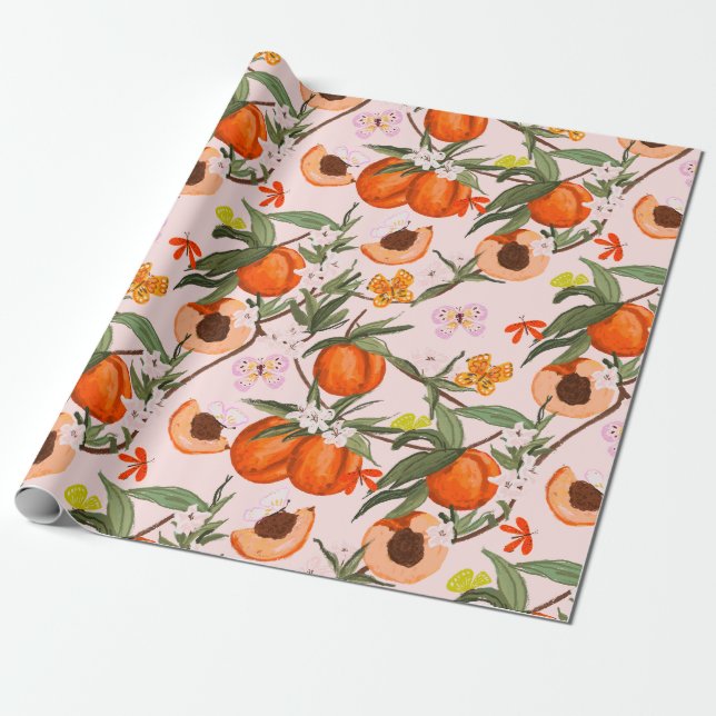 Colourful peaches with butterflies pattern  wrapping paper (Unrolled)