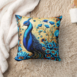 Colourful Peacock Among Vibrant Blue Flowers Cushion