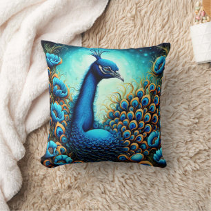 Colourful Peacock Among Vibrant Blue Flowers Cushion