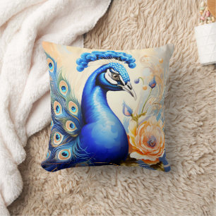 Colourful Peacock Among Vibrant Flowers Cushion
