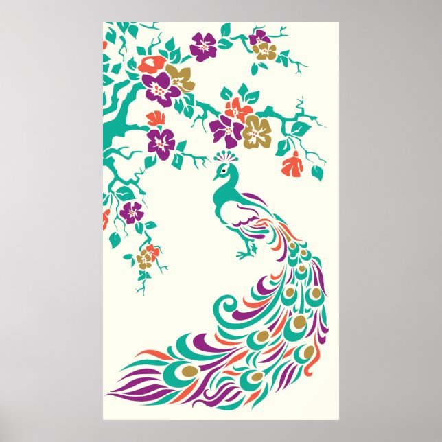 Colourful peacock and cherry blossoms poster (Front)