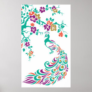 Colourful peacock and cherry blossoms poster