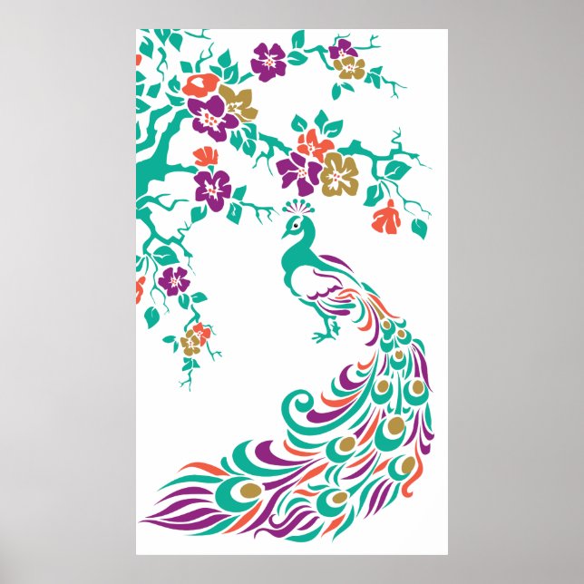 Colourful peacock and cherry blossoms poster (Front)