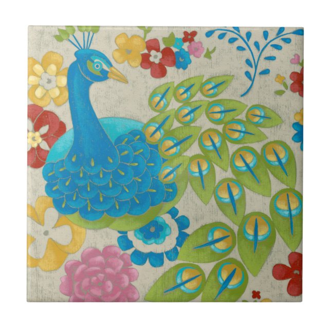 Colourful Peacock and Flowers Ceramic Tile (Front)
