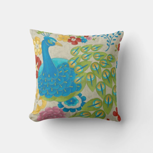 Colourful Peacock and Flowers Cushion (Front)