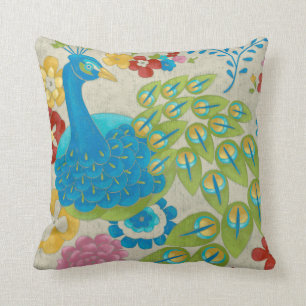 Colourful Peacock and Flowers Cushion
