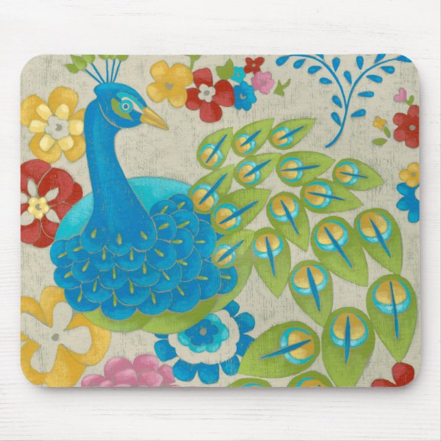 Colourful Peacock and Flowers Mouse Pad (Front)