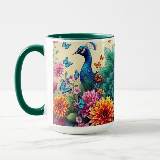 Colourful Peacock And Flowers Mug (Left)